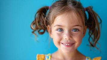 Little Girl Smiling in Front of Blue Wall photo