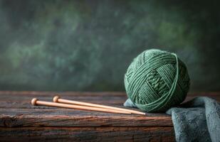 Green Yarn Ball and Knitting Needles on Wooden Table photo