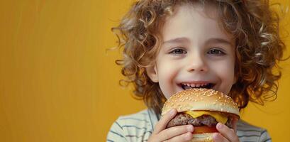 Child Eating Hamburger on Yellow Background photo