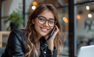 mujer en lentes hablando en teléfono a mesa foto