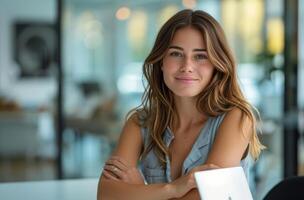 Woman Sitting at Desk With Laptop photo