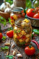 Pickled Vegetables in Jars on a Wooden Table photo