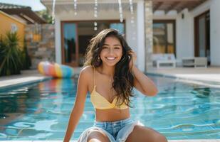 Young Woman in Bikini Sitting in Pool photo