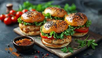 Tres pollo hamburguesas en un negro antecedentes foto