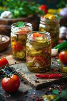 Pickled Vegetables in Jars on a Wooden Table photo