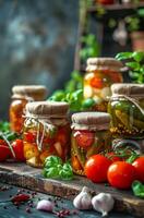 Pickled Vegetables in Jars on a Wooden Table photo