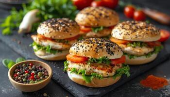 Three Chicken Burgers on a Black Background photo