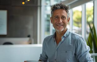 Smiling Man Holding Tablet in Office photo