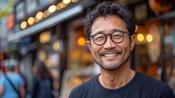 Man Smiling in Front of Cafe photo