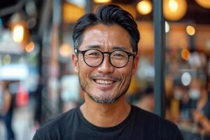 Man Smiling in Front of Cafe photo