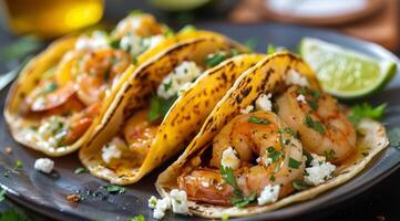 Shrimp Tacos With Lime and Tomatoes on Plate photo