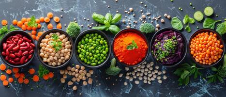 Assortment of Beans and Legumes in Black Cups on Dark Background photo