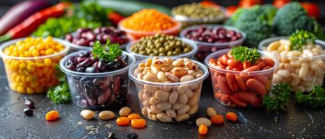 Assorted Beans and Vegetables in Plastic Containers photo