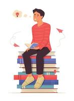 Man Sitting on Stack of Books and Thinking Creative Idea while Reading a Book Concept Illustration vector