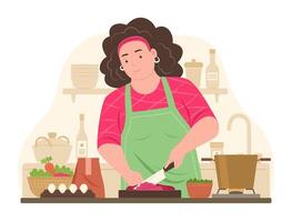 gordito mujer corte carne para Cocinando en cocina vector