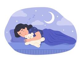 Cute Kid Girl Hugging Teddy Bear and Sleeping in Bed at Night vector