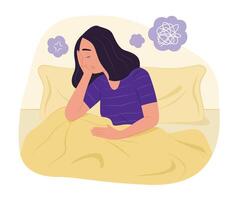 Deprimido mujer sentado en cama con emocional estrés para mental salud concepto ilustración vector