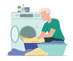 Senior Man Washing Clothes with Washing Machine vector