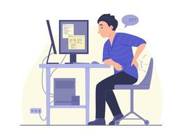 Freelancer Man Feel of Back Pain on Waist Area while Online Working with Computer vector