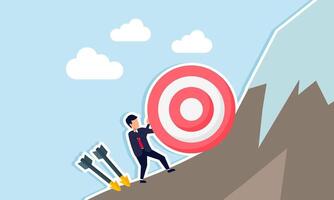 Missed target failure or obstacle in work due to unrealistic or high goals, concept of Determined businessman pushes dartboard target uphill with great effort vector