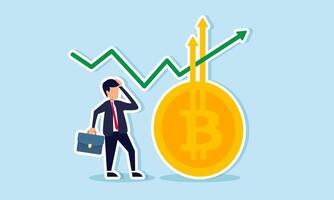 Bitcoin BTC price soars, hitting a new all time high record, concept of Investor looks up at rising arrows from Bitcoin symbol with green chart vector