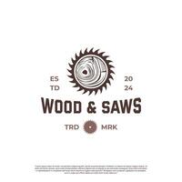 Woodworking logo with saw blade and tree line icon retro hipster vintage vector