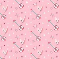 Seamless pattern for cowgirl in pink. Banjos, sheriff star and feather in pink color. Cowgirl and cowboy Wild West concept. Repeatable elements on pink background ready to print. illustration. vector