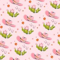 Seamless pattern with cowboy hats, cactuses and horseshoe on pink background. Cowgirl and cowboy Wild West concept. Repeatable elements ready to print. illustration. vector