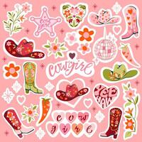 Set of cowgirl pink sticker design elements. Cowgirl boots, cowboy hat, disco ball, floral heart, chili pepper and lettering. Female cowboy concept. illustration in flat style. vector