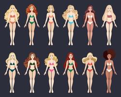 Fashion dolls collection. 12 dolls with bikinis, blond, dark, red, curly hair. illustration vector