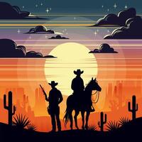 Desierto puesta de sol paisaje con vaqueros y pistolas en un caballo, montañas, cactus y aves en el cielo. salvaje Oeste Texas en plano dibujos animados retro estilo. silueta . vector