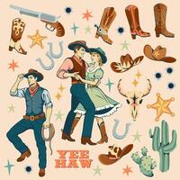 Wild West retro symbols cartoon set with cowboy hat, handgun, cactus, bullet holes, lasso, horseshoe, cowboy and cowgirl, sheriff star poster on beige background isolated illustration. vector