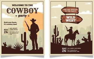 Collection of Wild West cowboy party posters. Wild west cowboy party announcement with lettering in western style. A cowboy silhouette with a gun and horse in a desert. Flat illustration. vector