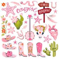 Set of cowgirl pink design elements. Cowgirl boots, hat, horseshoe, bandana, banjo, street sign, cow skull, snake, cactus and lettering. Female cowboy concept. illustration in flat style. vector