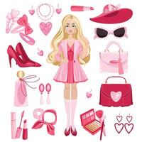 et of fashionable pink doll-themed accessories and clothing. Trendy pink doll set. vector
