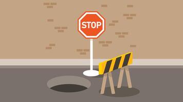 a hole in street with Road block with stop sign vector