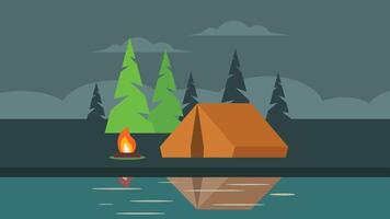 Camp site in the wild forest with tents illustration vector