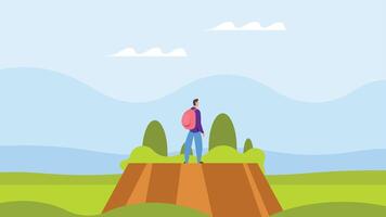 Hiker walking in nature with back bag vector