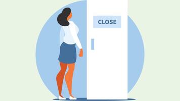 woman open a closed door illustration vector