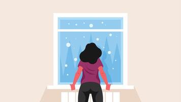 snowy weather out of house window vector