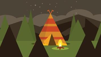 Camp site in the wild forest with tents illustration vector