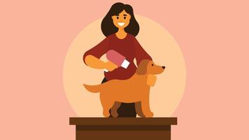 Girl cleaning dog with air blower illustration vector