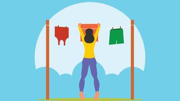 woman drying clean clothes outdoor vector