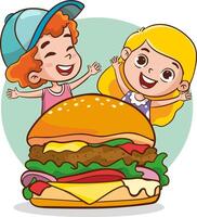 Big meals and kids. Cute little kids are happy to eat hamburger. Funny cartoon character. illustration. Isolated on white background vector