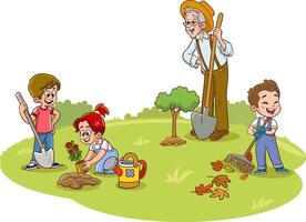 contento linda pequeño niños son plantando flores con su padres.hijos son Ayudar su padres con jardinería vector