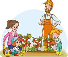 contento linda pequeño niños son plantando flores con su padres.hijos son Ayudar su padres con jardinería vector