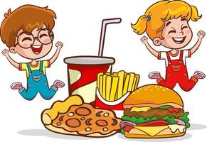 Big meals and kids. Cute little kids are happy to eat fast food. Funny cartoon character. illustration. Isolated on white background vector