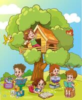 illustration of children playing in tree house. vector