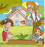Happy cute little children are planting flowers with their parents.children are helping their parents with gardening vector