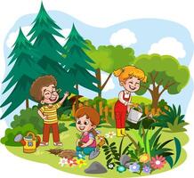 contento linda pequeño niños son plantando flores con su padres.hijos son Ayudar su padres con jardinería vector